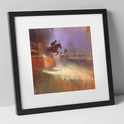 Violet And Sienna Ascent show jumping horse art print in black frame