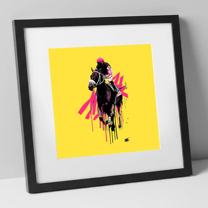 Neon Gallop racing horse art print in black frame