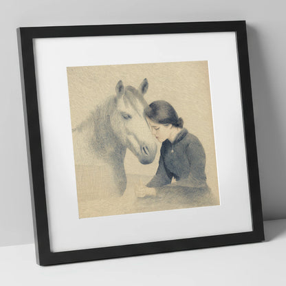 The Silent Bond horse & rider art print in black frame