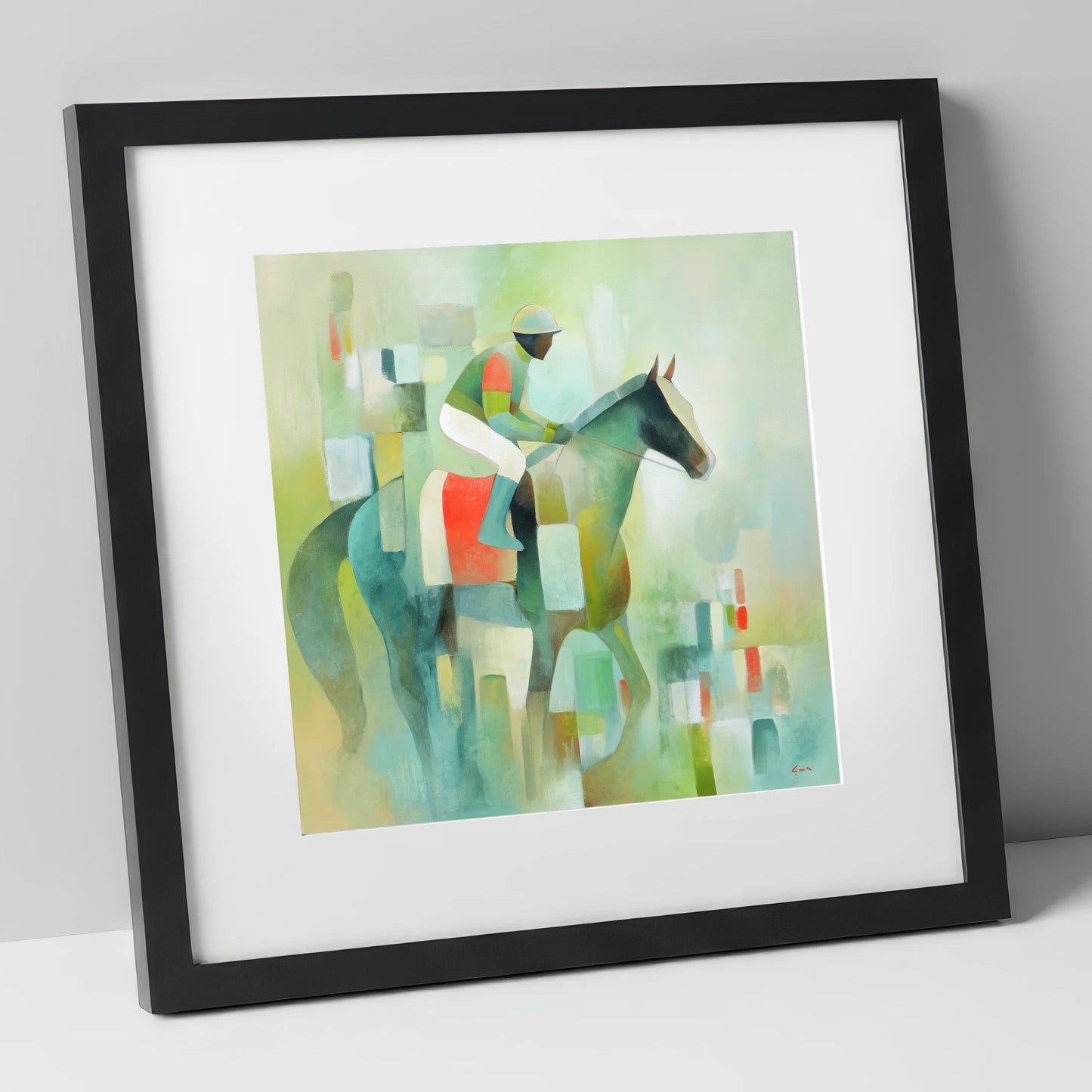 Serene Racing Geometry racing horse art print in black frame
