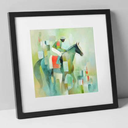 Serene Racing Geometry racing horse art print in black frame