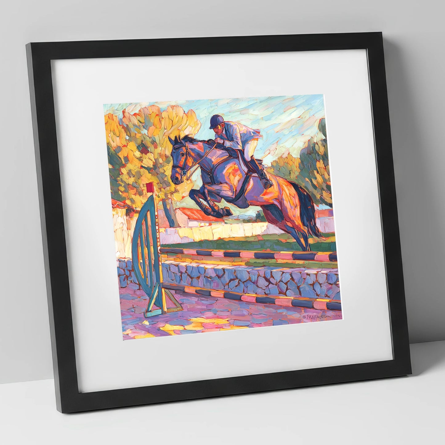 Sunset Flight show jumping horse art print in black frame