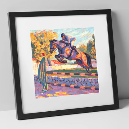 Sunset Flight show jumping horse art print in black frame
