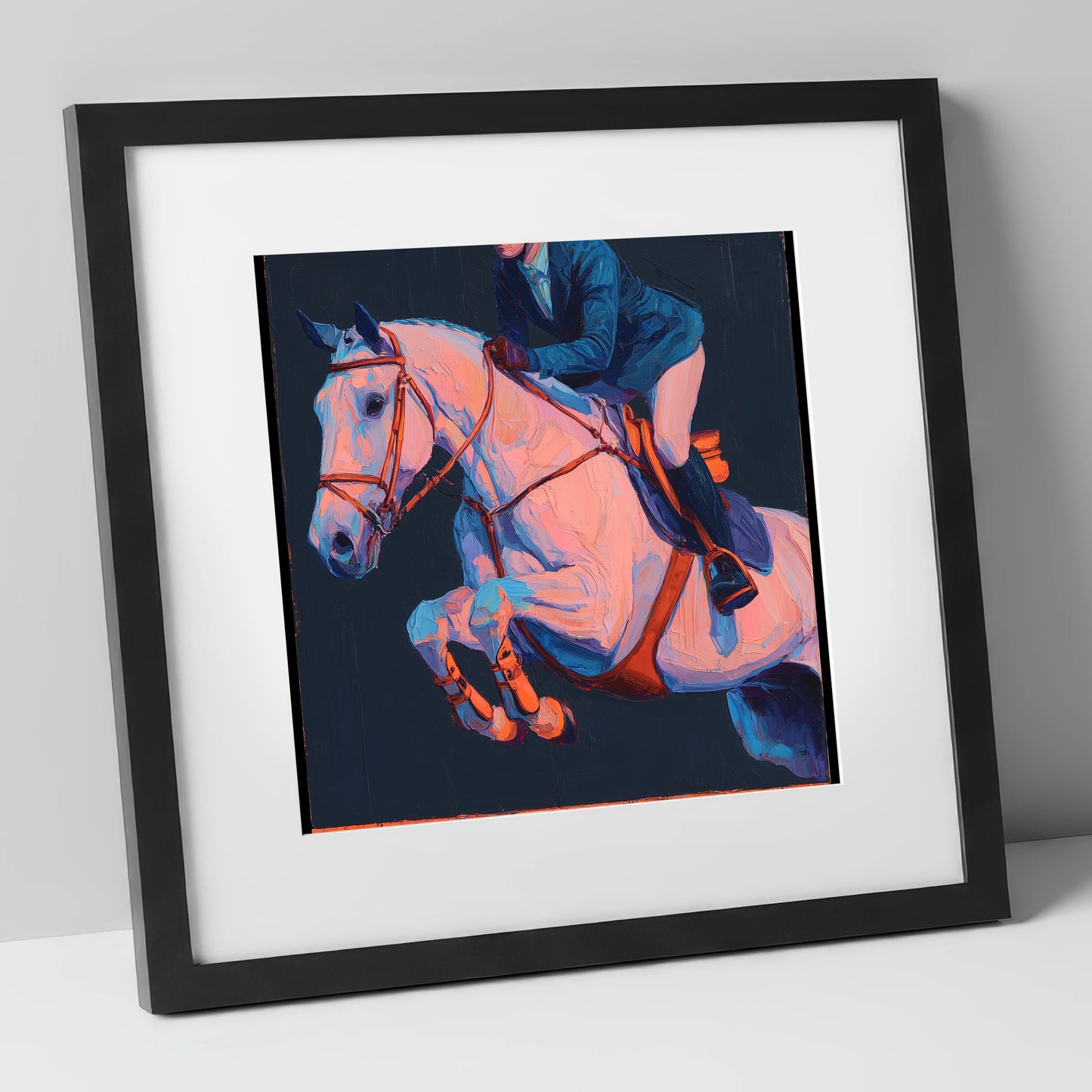 Vibrant Indigo Flight show jumping horse art print in black frame