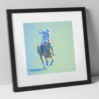 The Shimmering Chukka polo horse art print in black frame