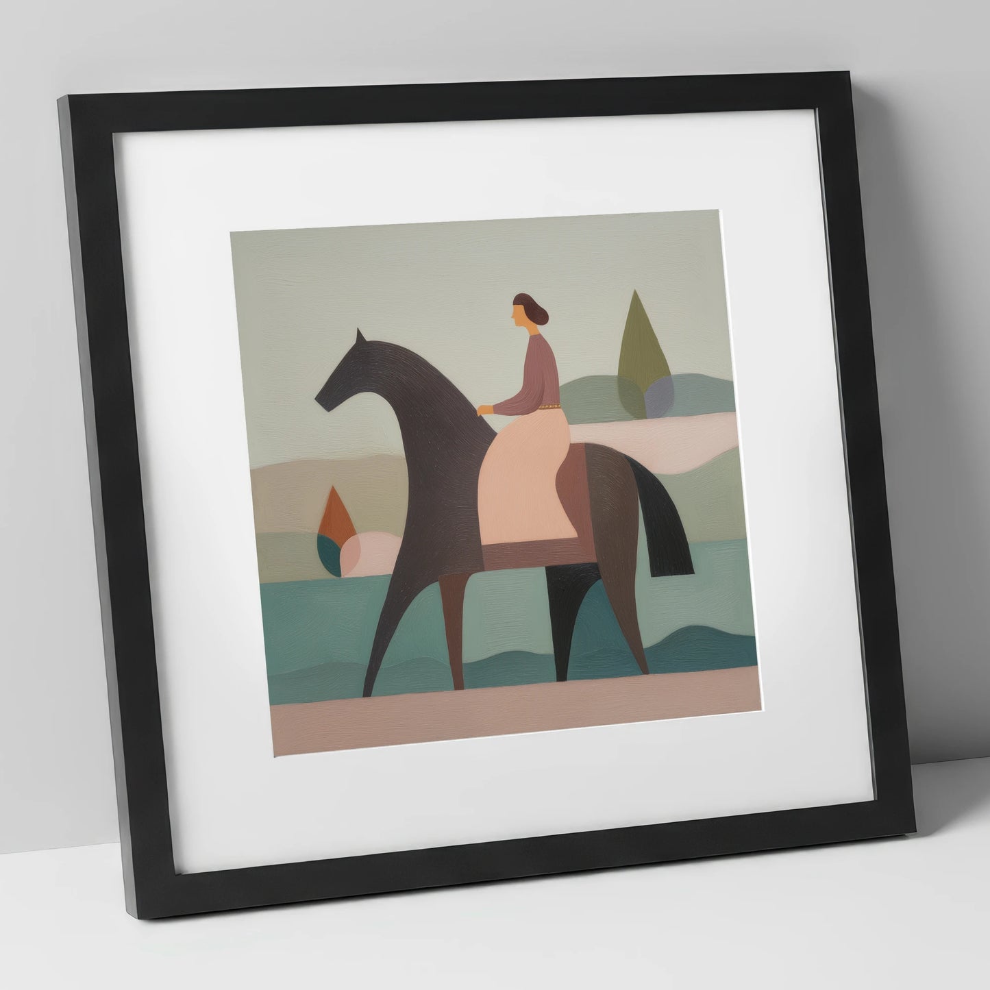 Quiet Harmony dressage horse art print in black frame