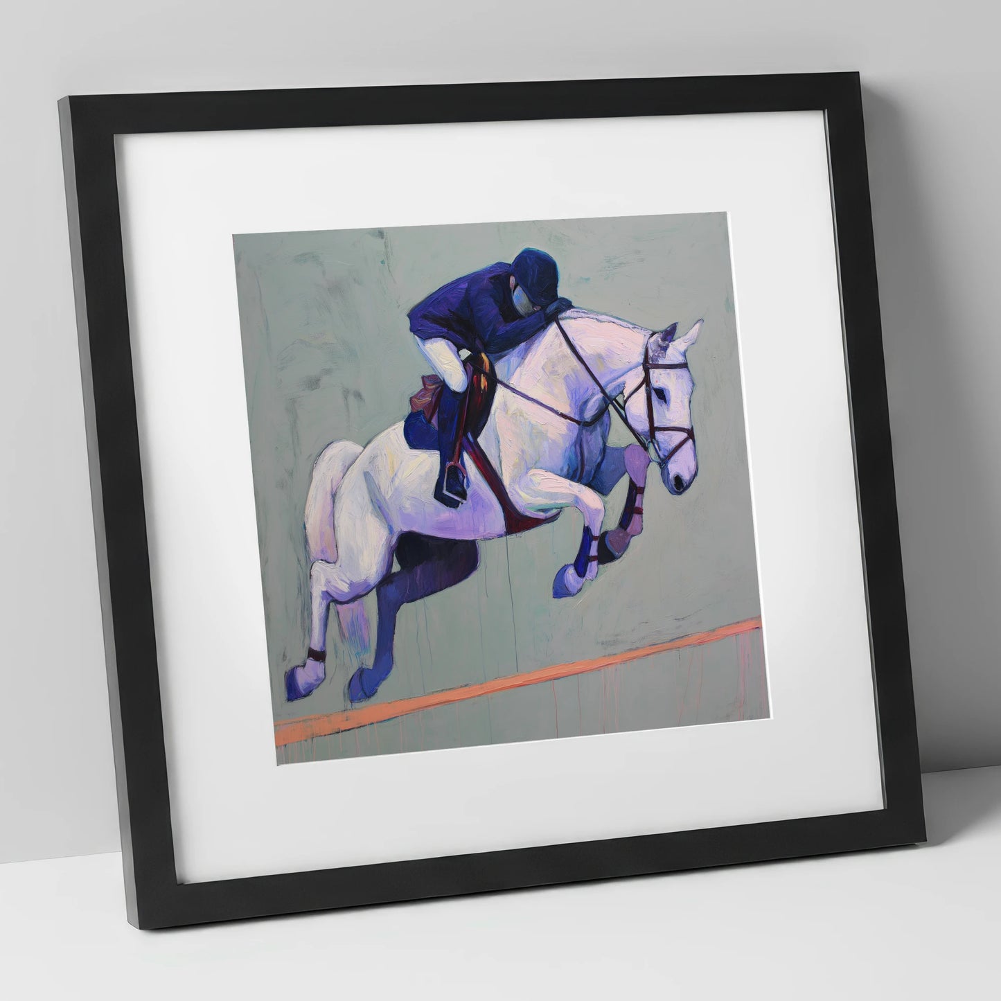 Suspended in Blue show jumping horse art print in black frame