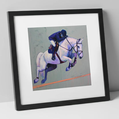 Suspended in Blue show jumping horse art print in black frame