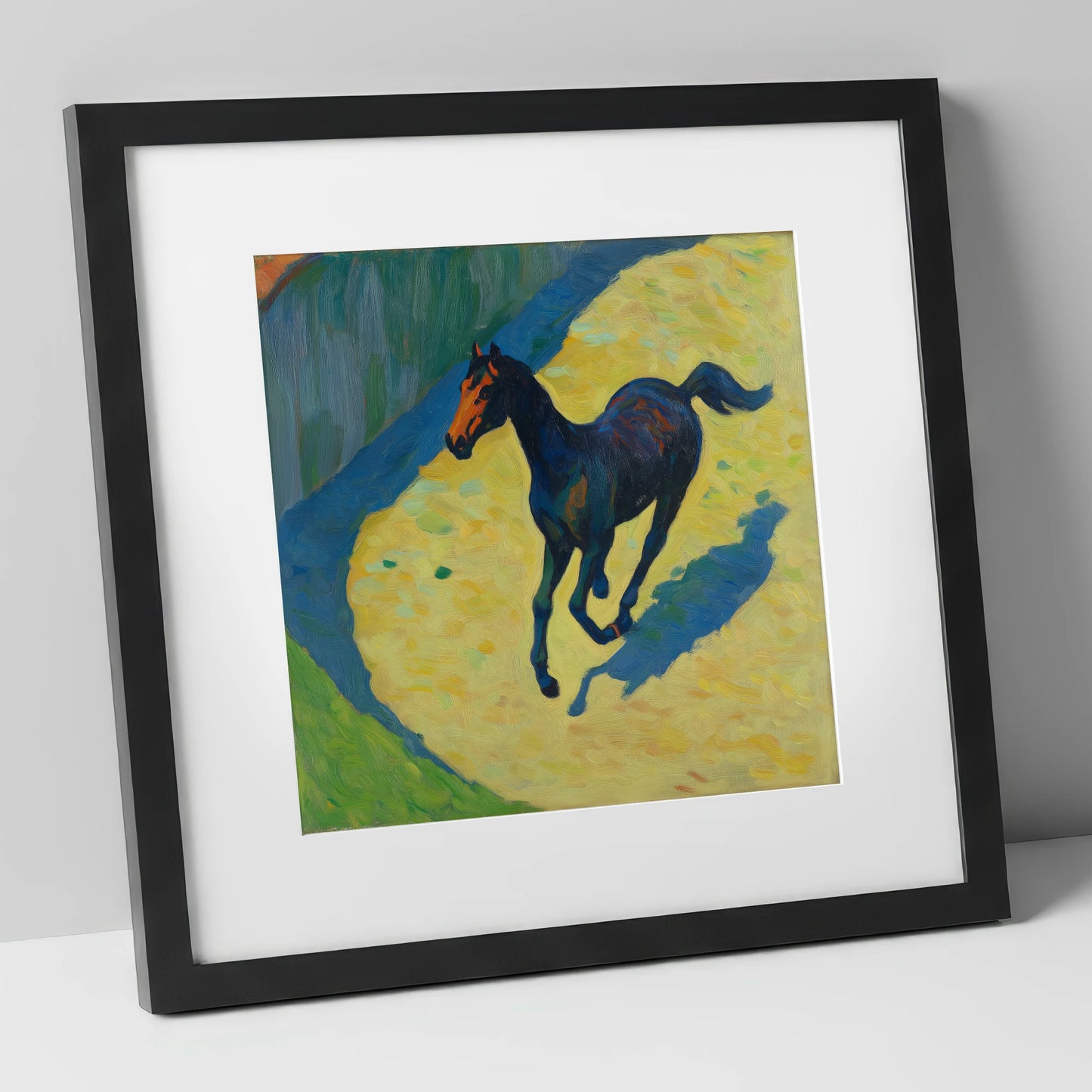 Cobalt Shadow Gallop racing horse art print in black frame