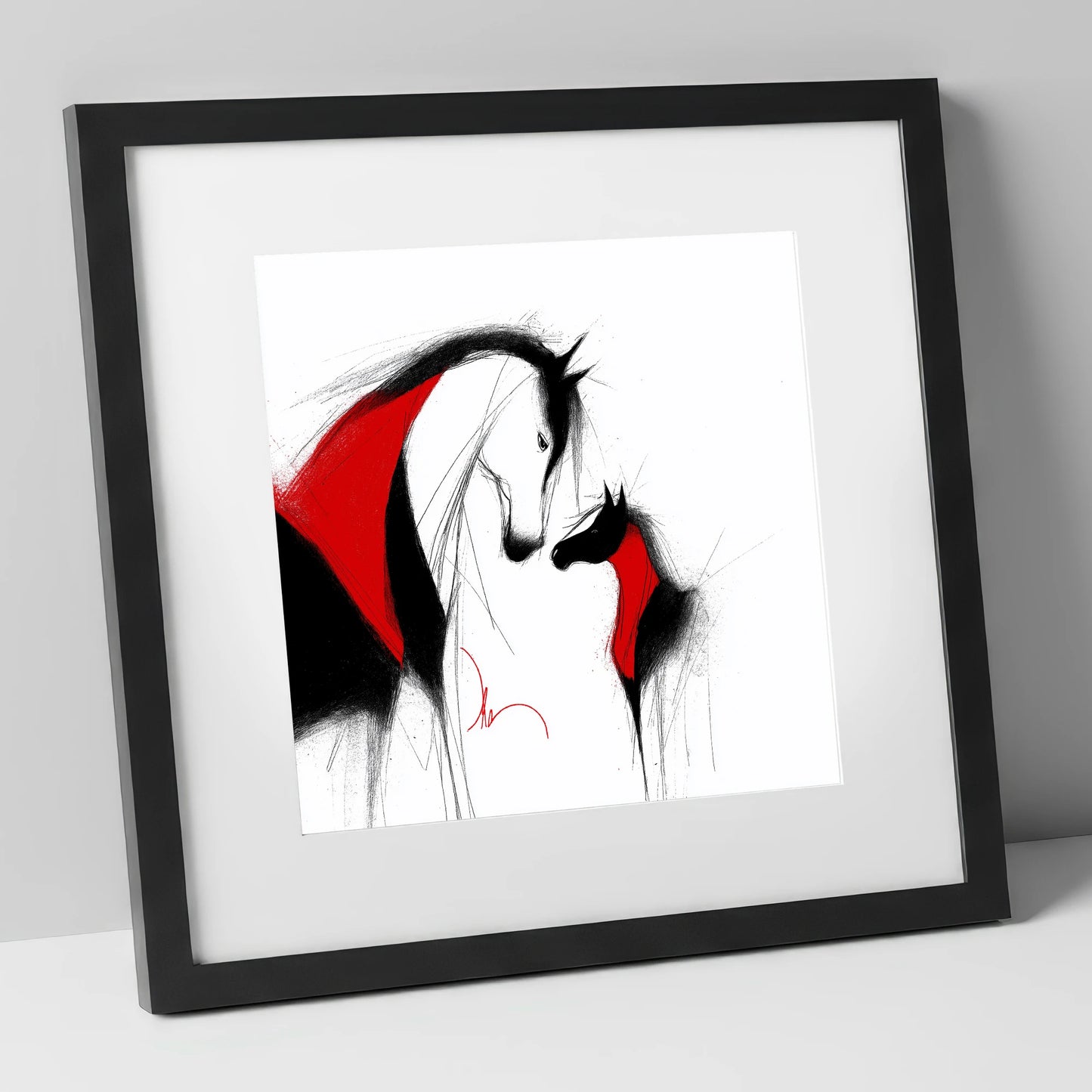 Crimson Bond mare & foal art print in black frame