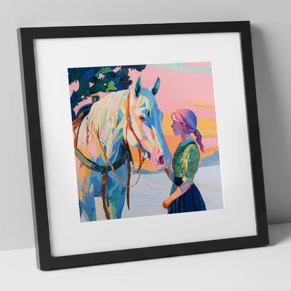 Vibrant Sunset Connection horse & rider art print in black frame