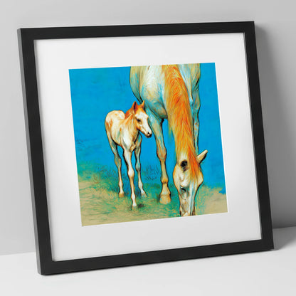 Nurture and Nature mare & foal art print in black frame