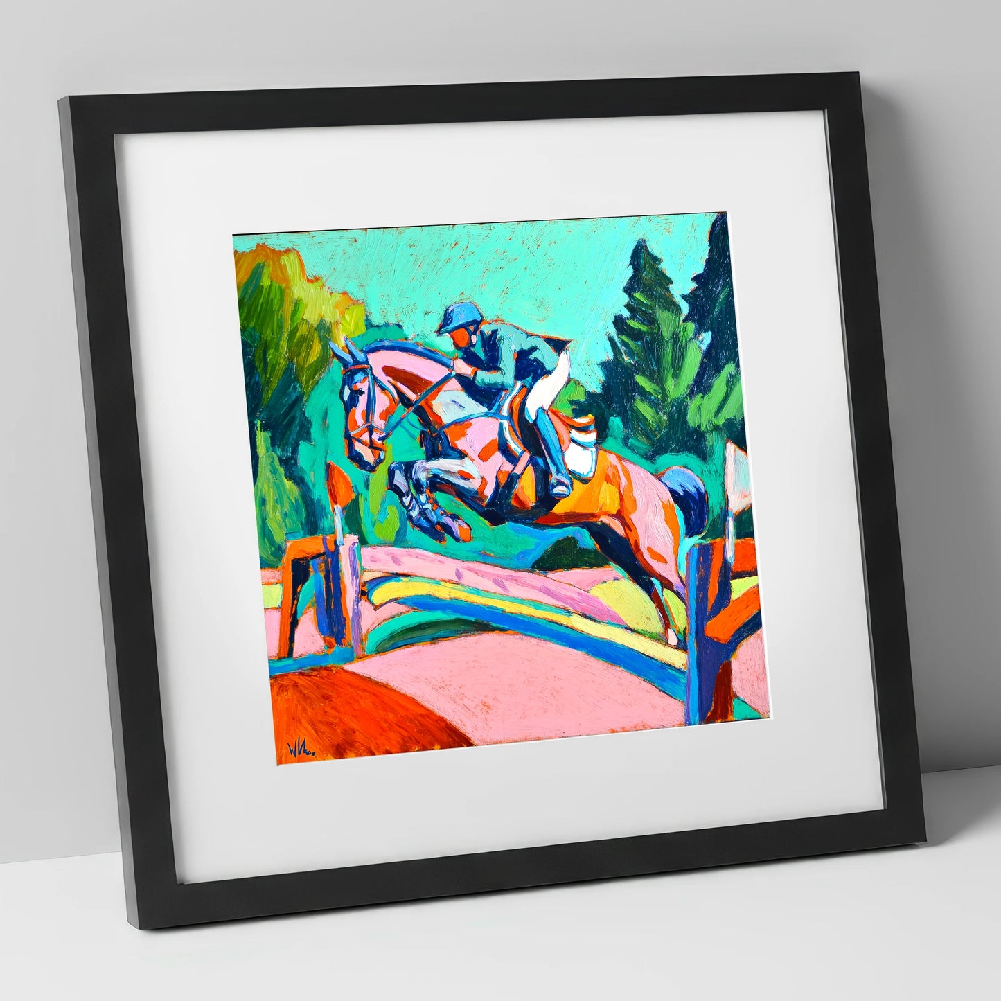 Technicolour Flight show jumping horse art print in black frame