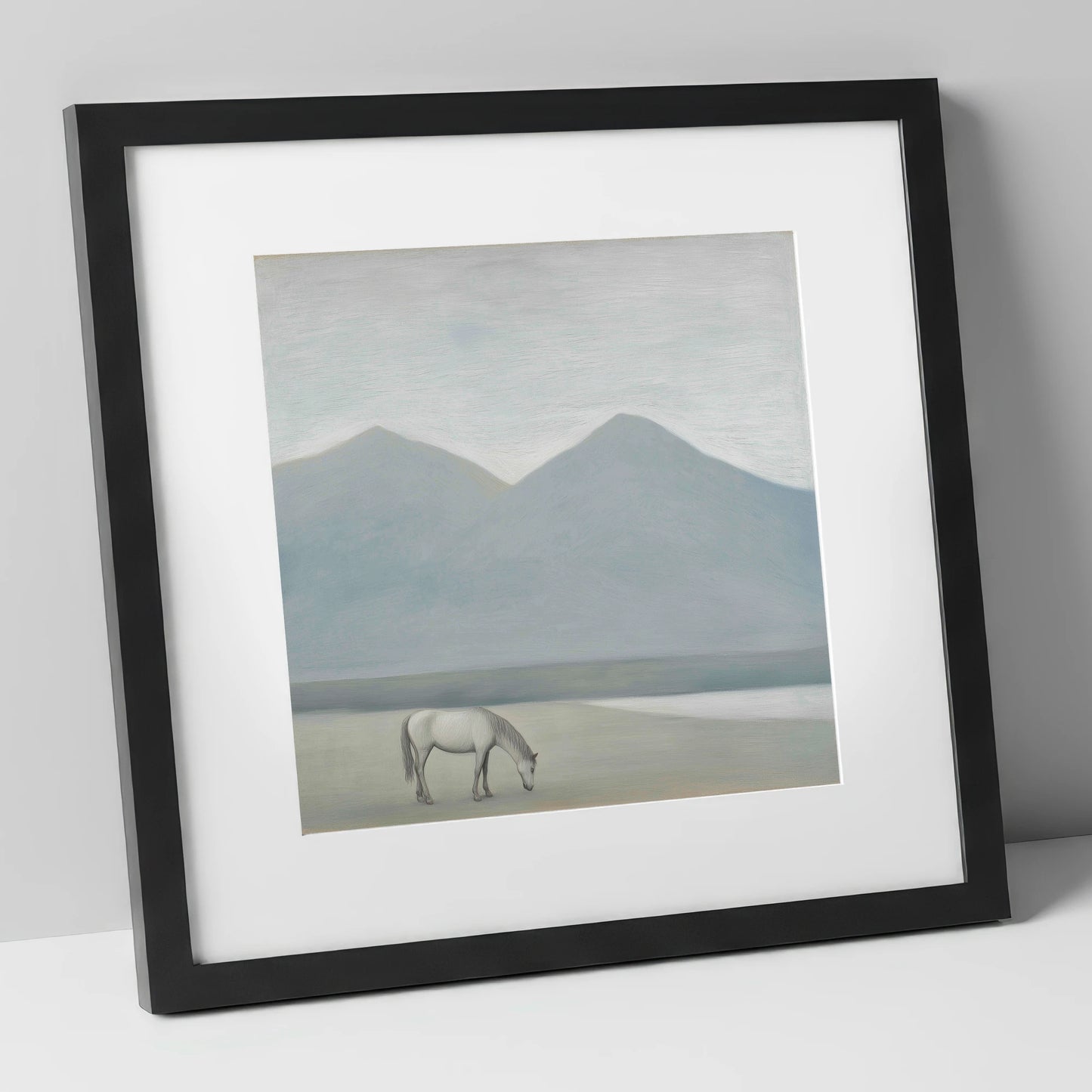 Solitary Mountain Grazing horse landscape art print in black frame