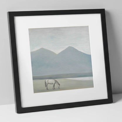 Solitary Mountain Grazing horse landscape art print in black frame