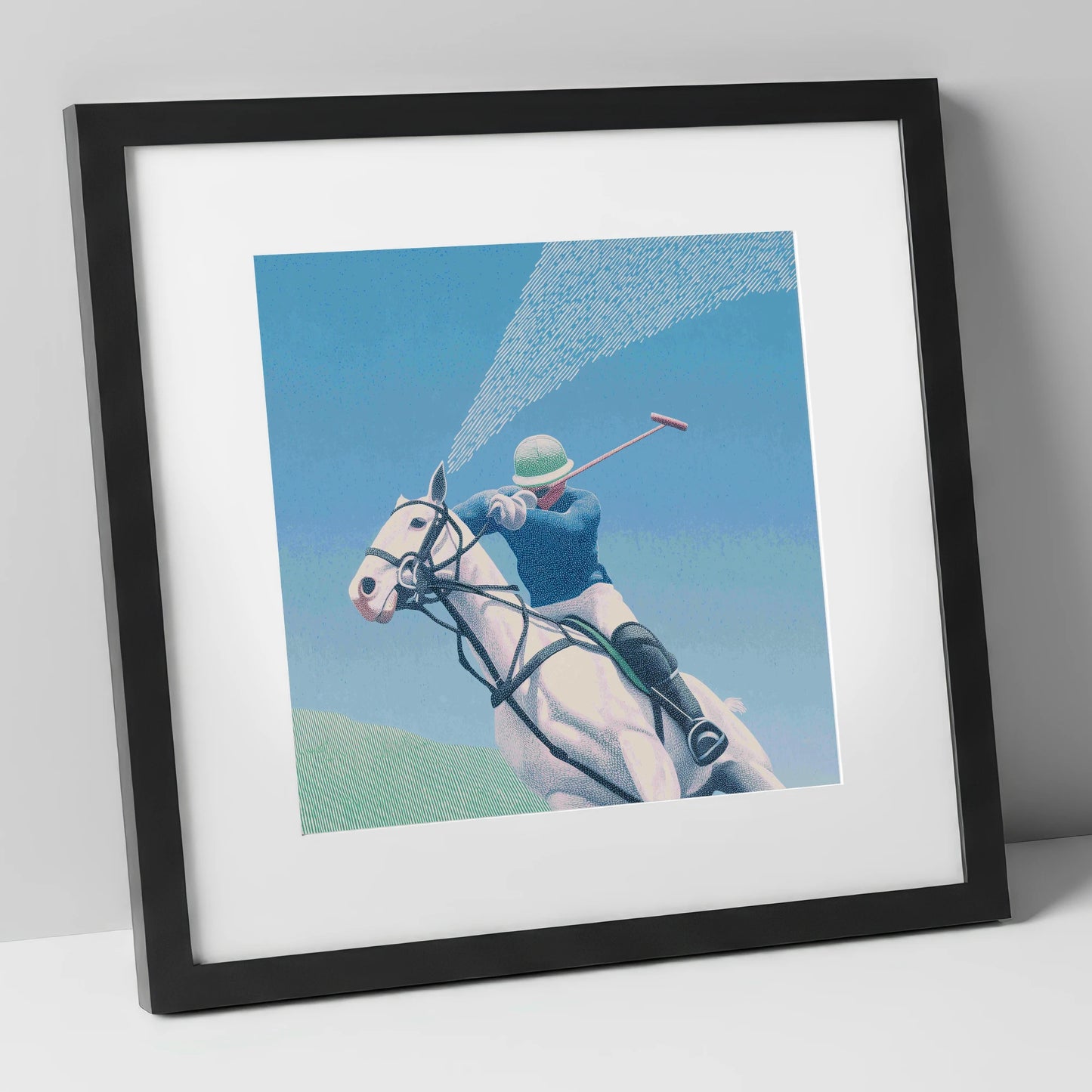Skyward Swing polo horse art print in black frame