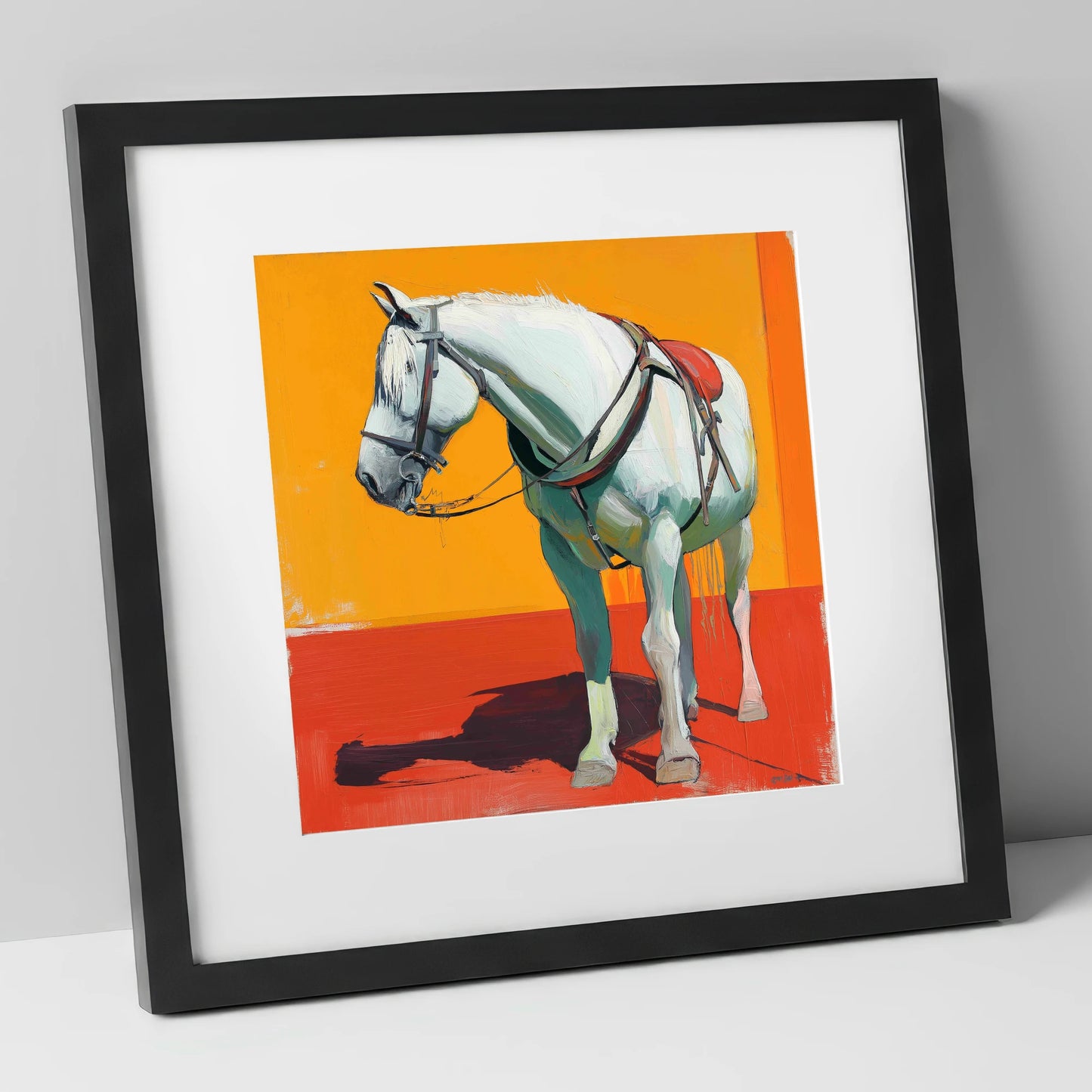 Vibrant Harnessed Grey working horse art print in black frame