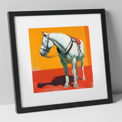 Vibrant Harnessed Grey working horse art print in black frame