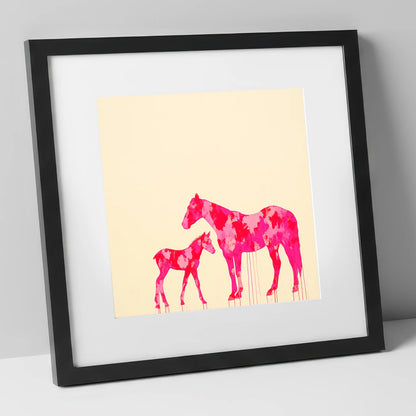 Magenta Mare and Foal mare & foal art print in black frame