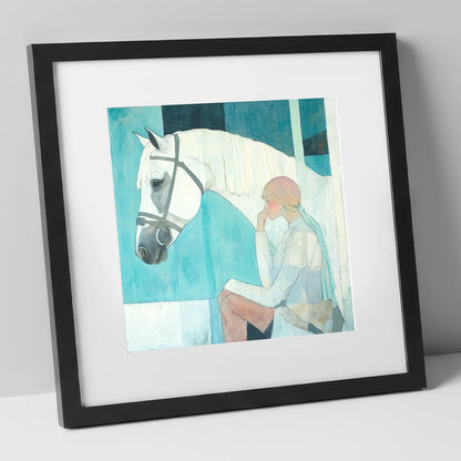Quiet Contemplation horse & rider art print in black frame