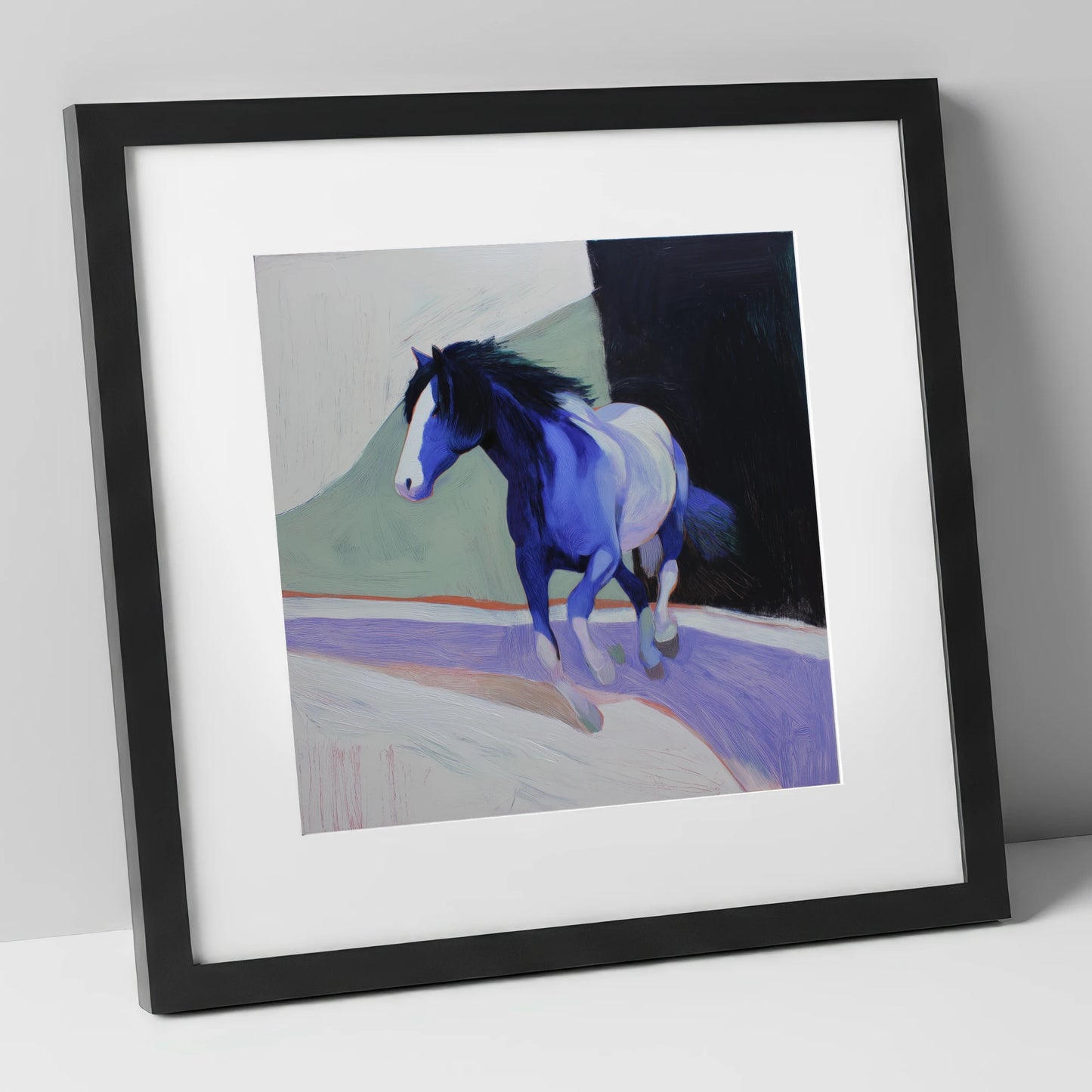 The Cobalt Stride horse portrait art print in black frame