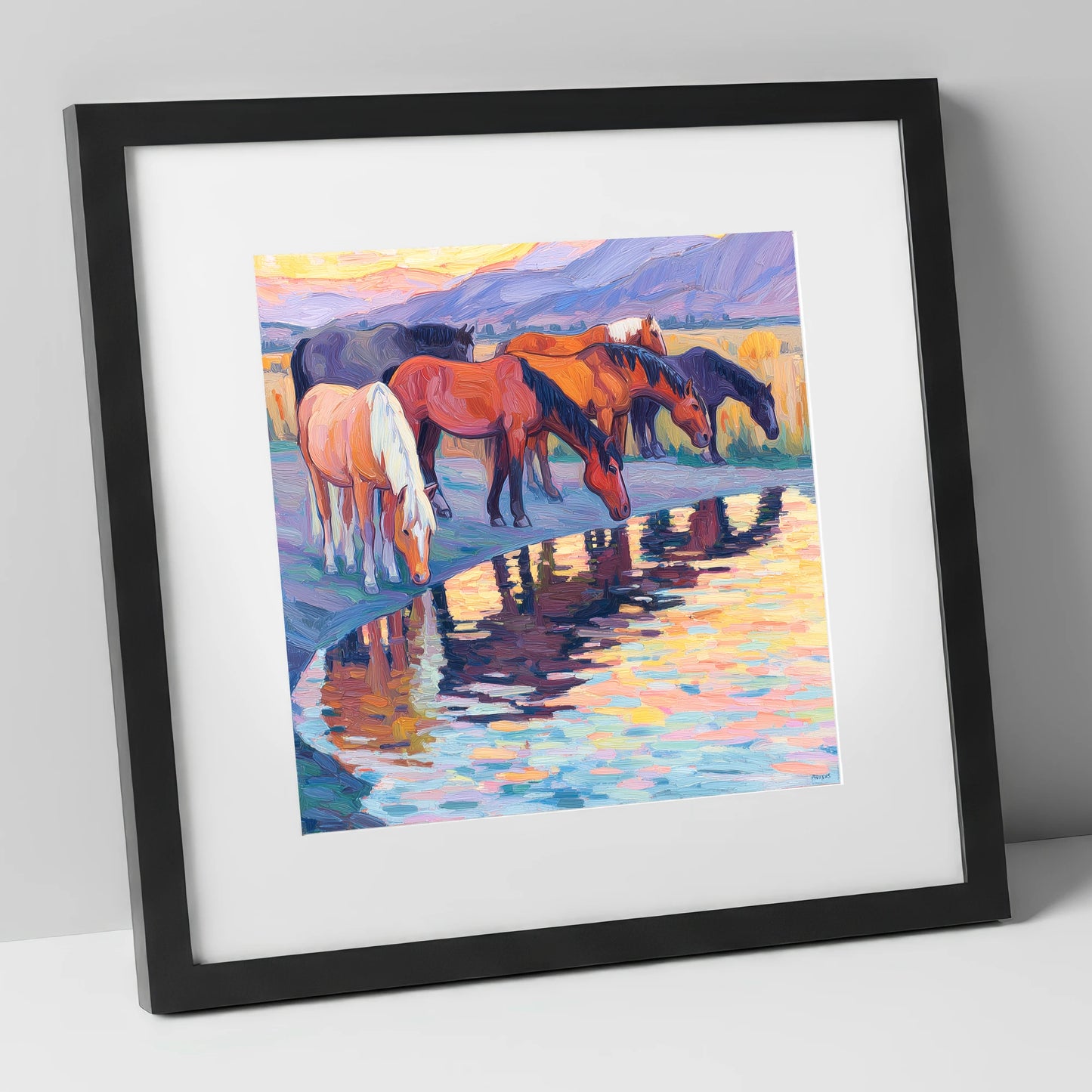 Reflections at Dusk wild horses art print in black frame