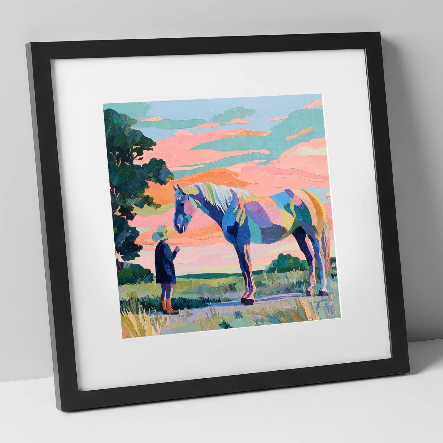 Vivid Connection horse & rider art print in black frame
