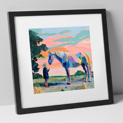 Vivid Connection horse & rider art print in black frame