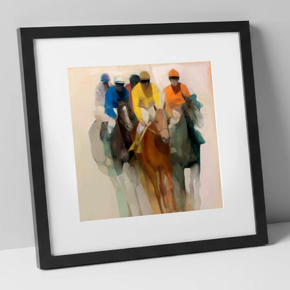 The Front Runners racing horse art print in black frame