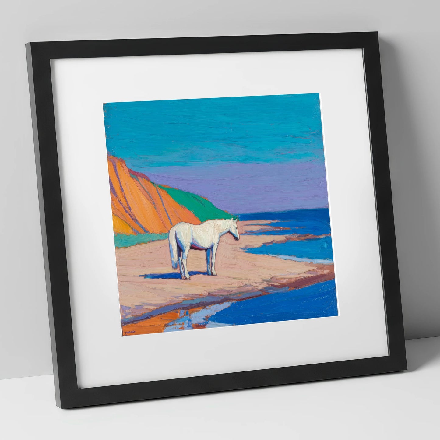 Vibrant Coastal Solitude horse landscape art print in black frame