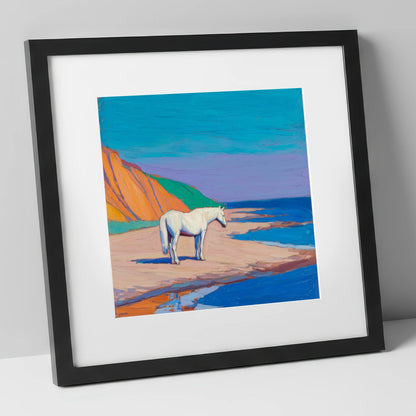 Vibrant Coastal Solitude horse landscape art print in black frame
