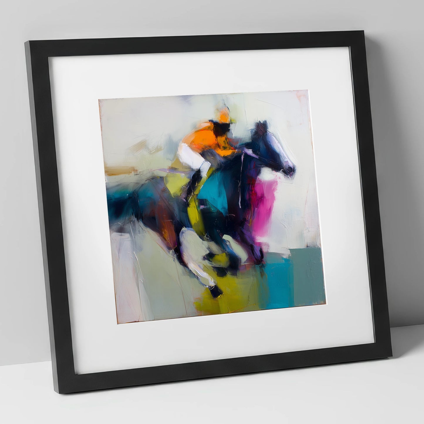 Burst of Speed racing horse art print in black frame