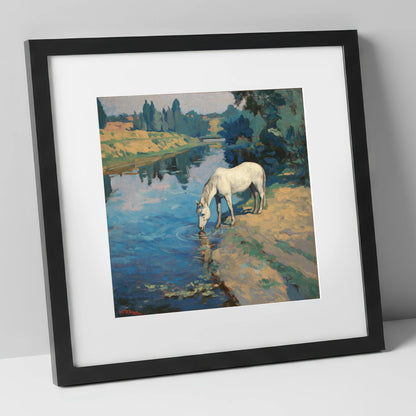 Solace at the River horse landscape art print in black frame
