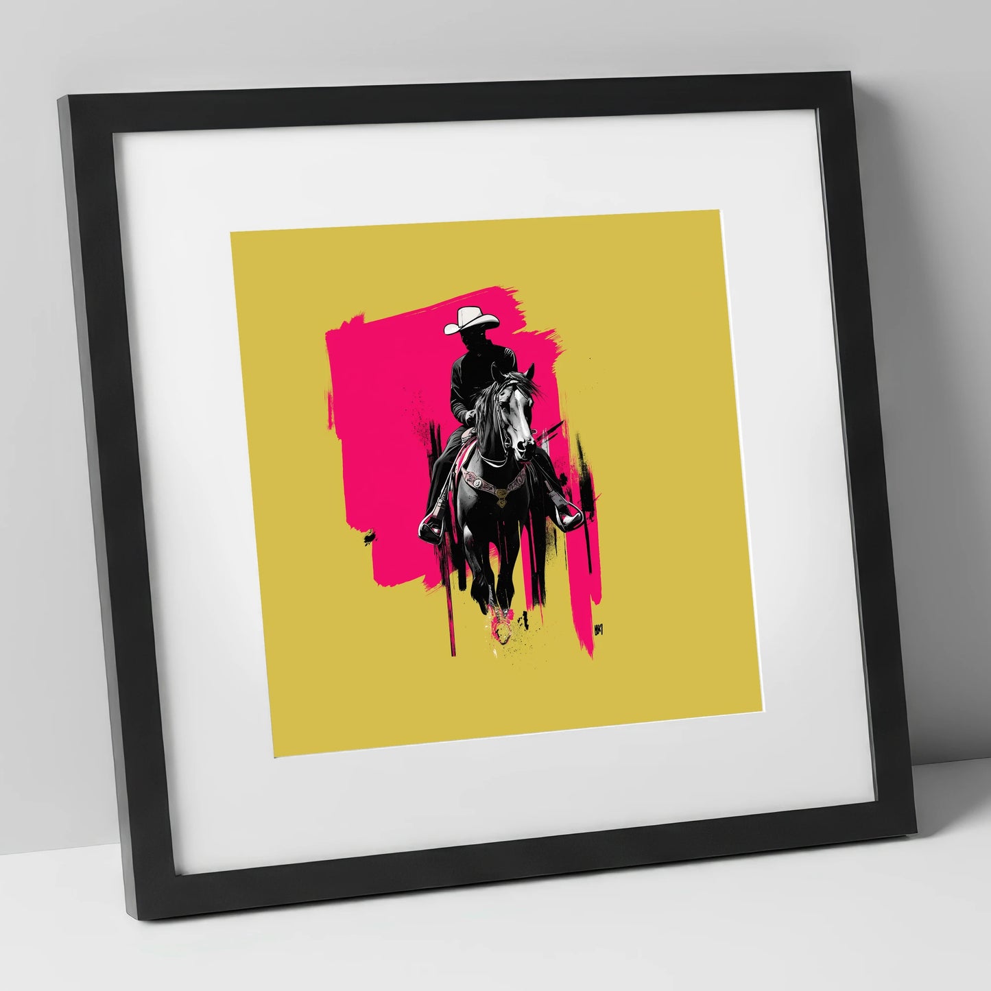 Magenta High Noon western horse art print in black frame