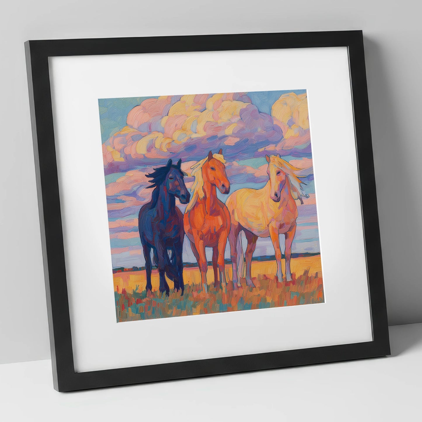 Three Under Painted Skies horse landscape art print in black frame