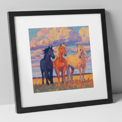 Three Under Painted Skies horse landscape art print in black frame
