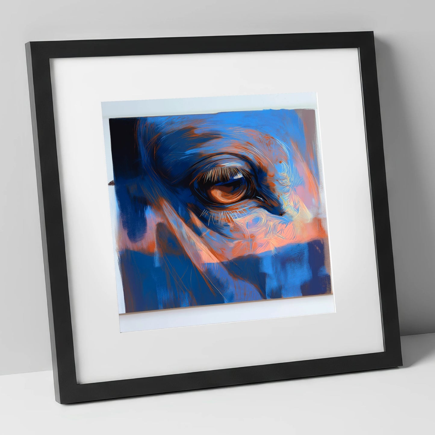Soulful Azure Gaze horse portrait art print in black frame
