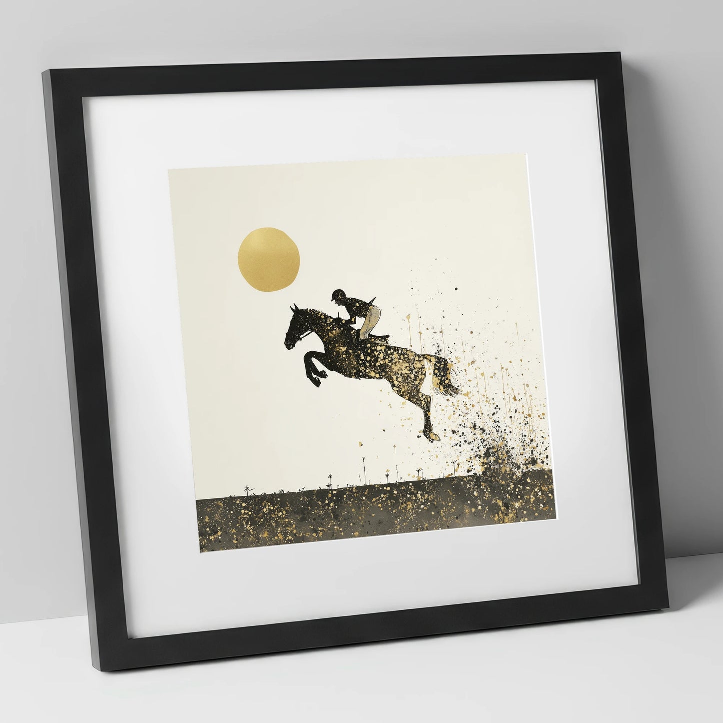 Golden Flight show jumping horse art print in black frame
