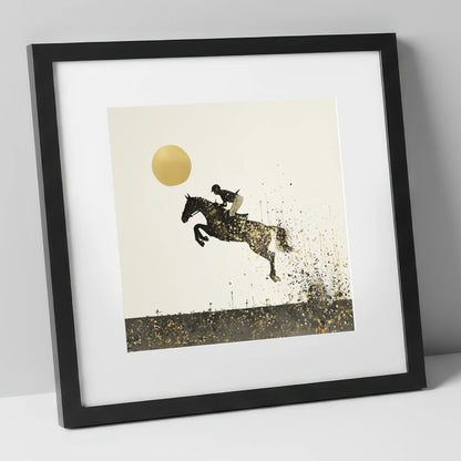 Golden Flight show jumping horse art print in black frame