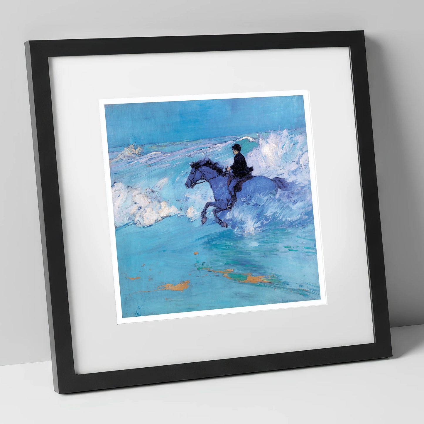 The Azure Tide beach horse art print in black frame