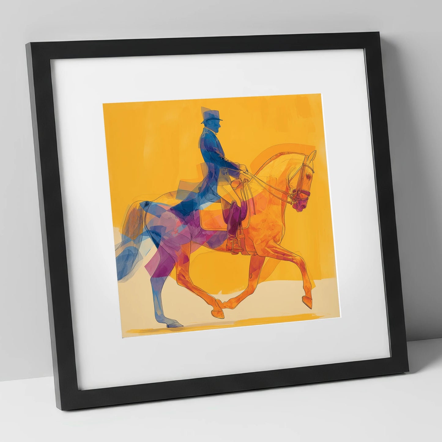 Cobalt and Gold Passage dressage horse art print in black frame