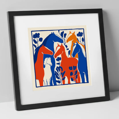 Vibrant Graphic Herd wild horses art print in black frame