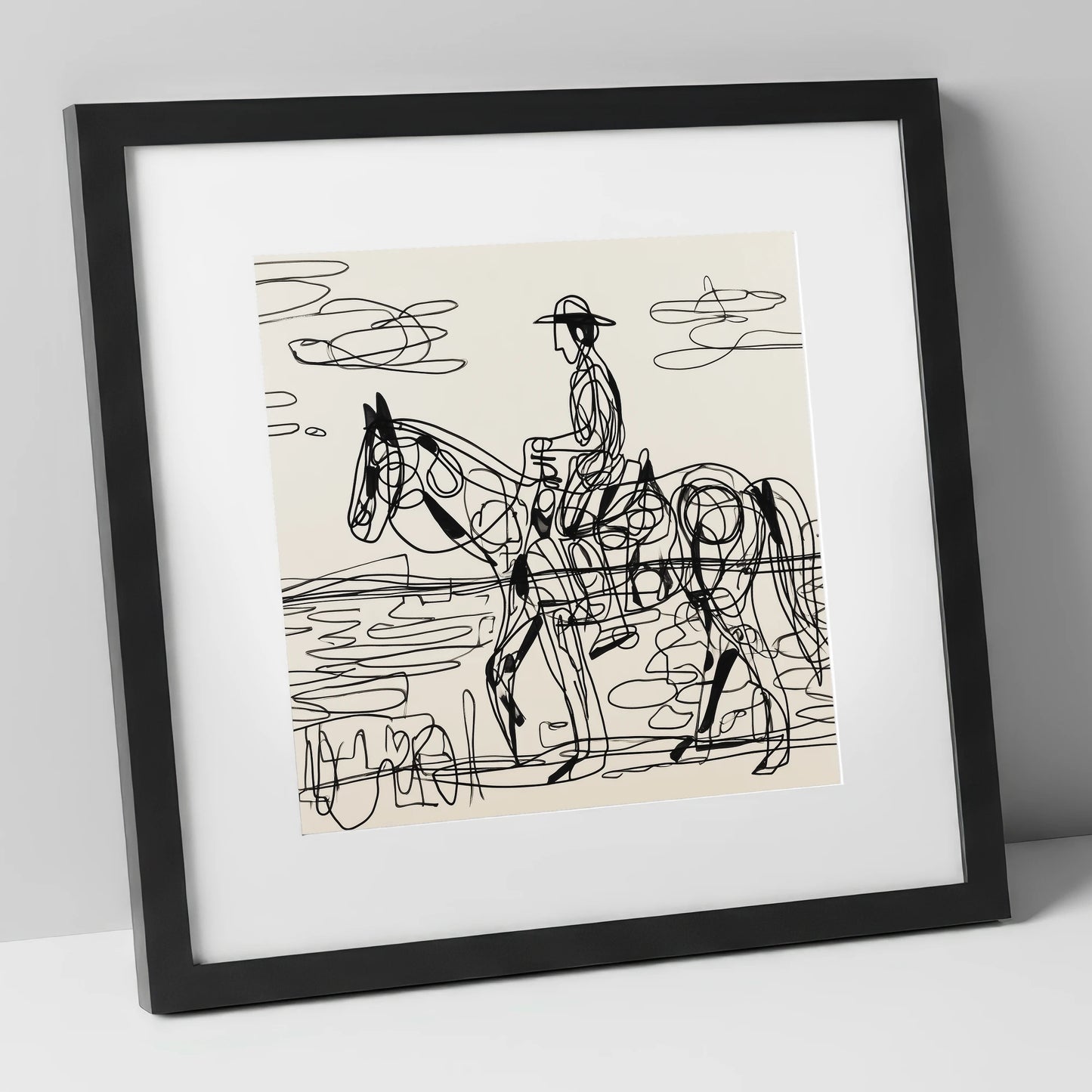 Linear Beach Ride beach horse art print in black frame