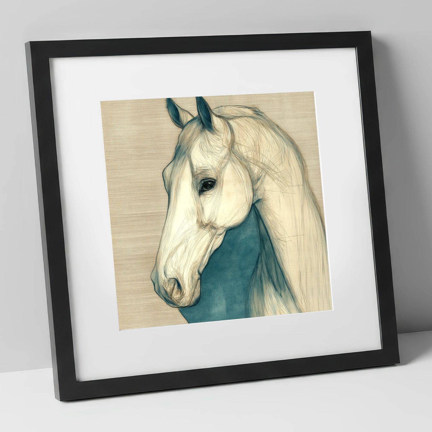 Serene Profile Sketch horse portrait art print in black frame