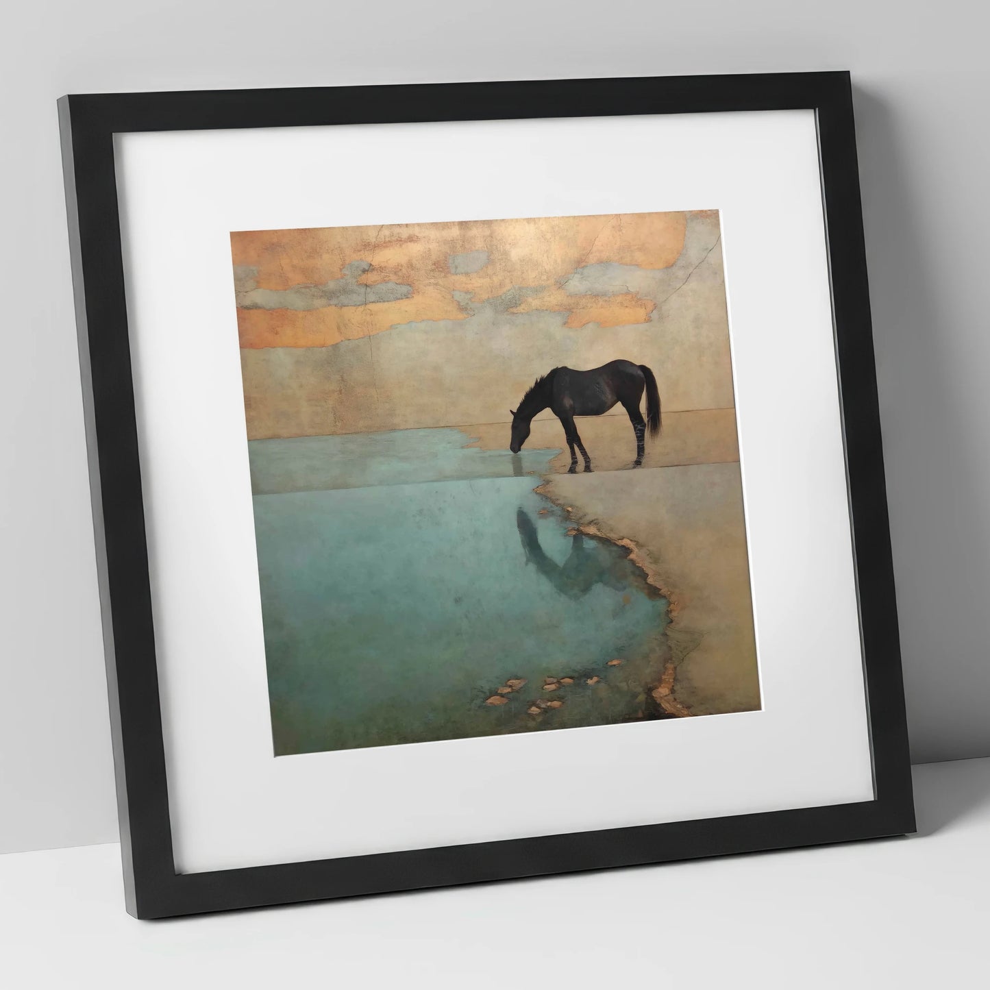 Golden Shores Reflection horse landscape art print in black frame
