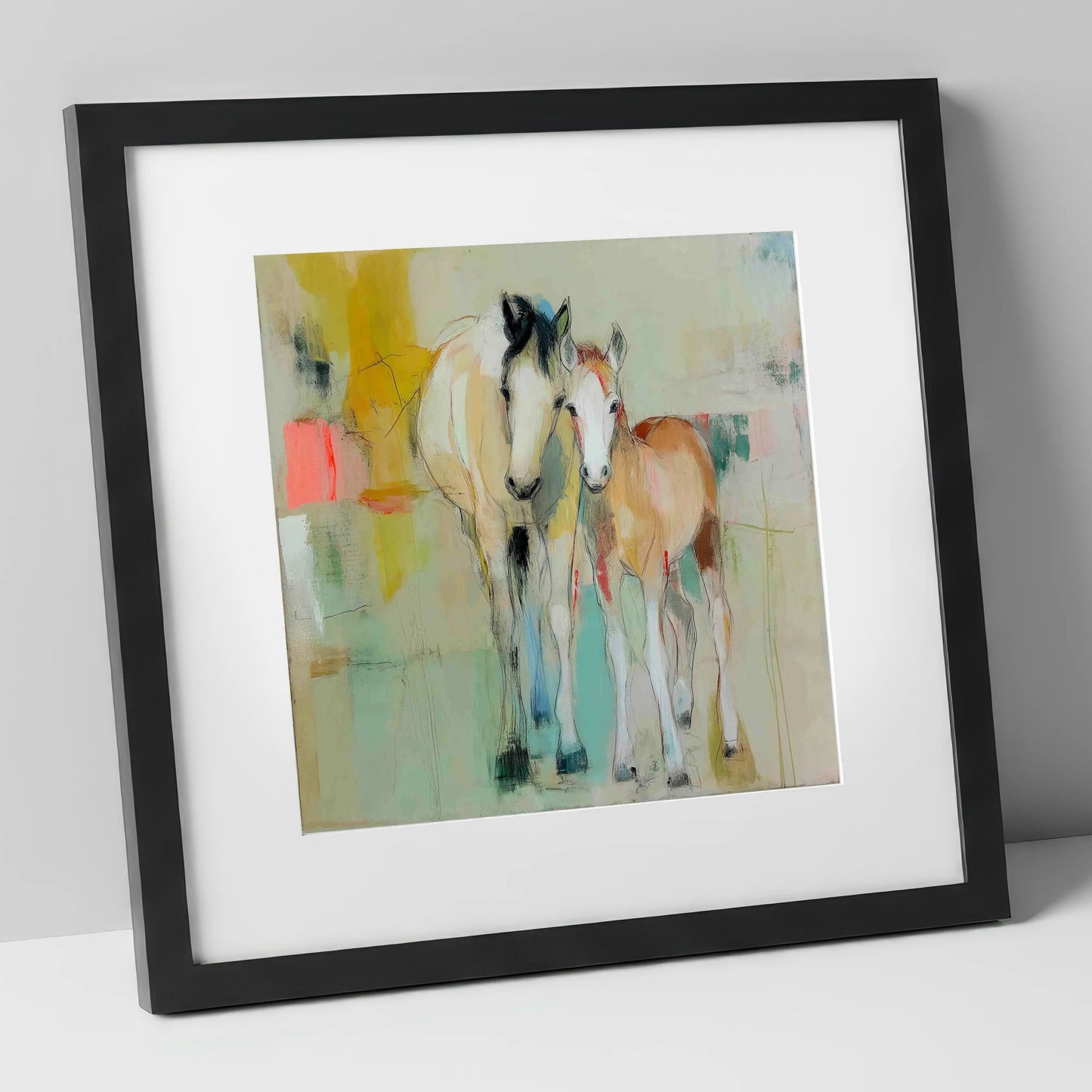 Gentle Nurture mare & foal art print in black frame