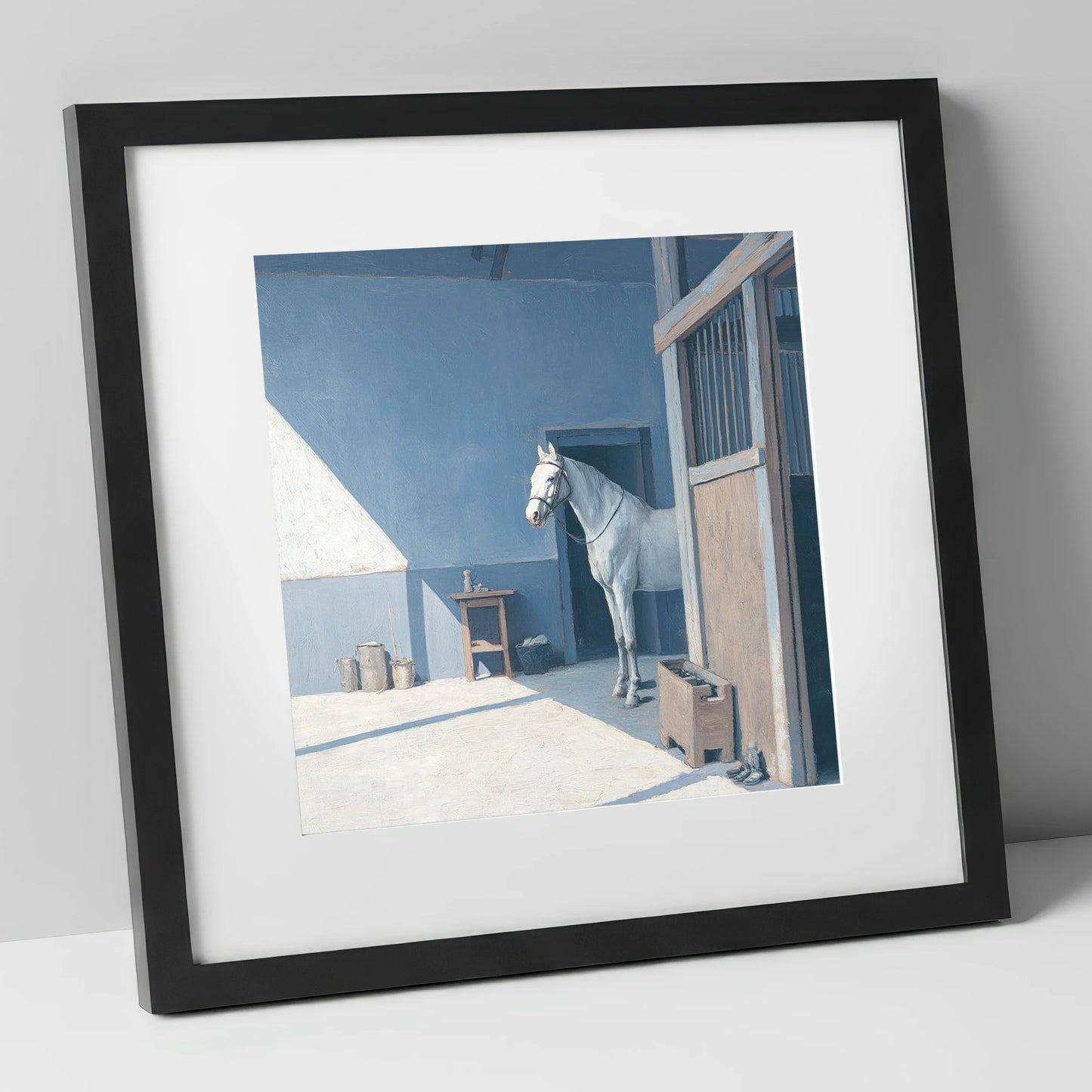 Quiet Morning Yard horse stable art print in black frame