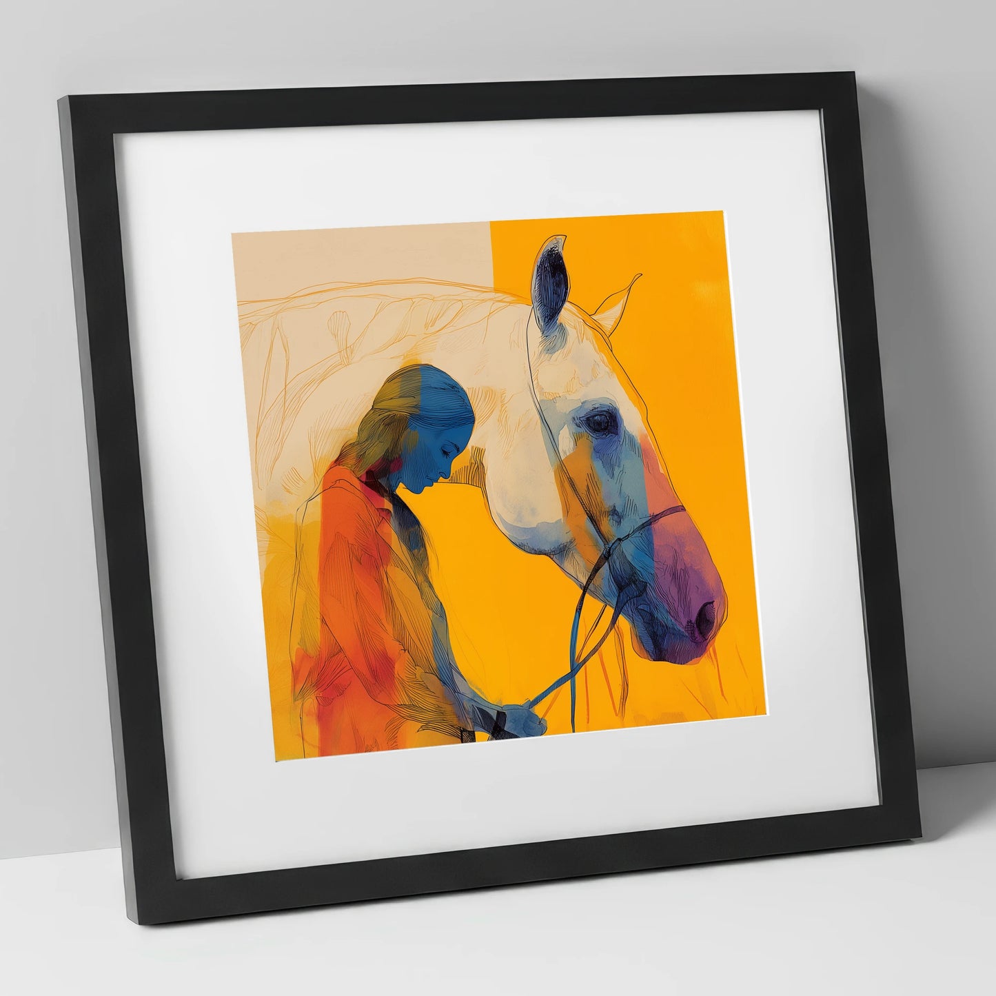 Vibrant Connection horse & rider art print in black frame