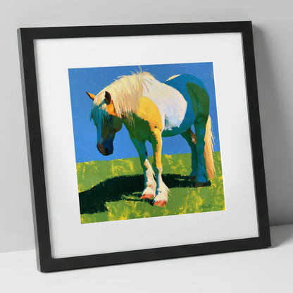 Colourful Cob in Summer Sunlight horse breed art print in black frame