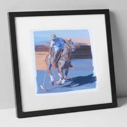 The Cobalt Chukka polo horse art print in black frame